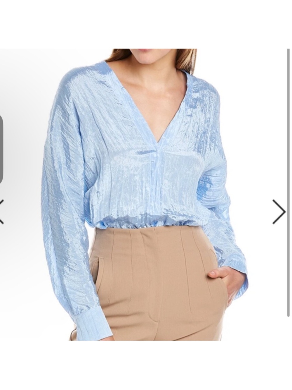 Vince Light Blue V-Neck Crinkled Satin Blouse